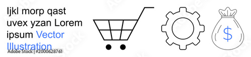 E-commerce, financial management, development, online shopping, economic growth, digital trade. Shopping cart, gear and money bag with dollar symbol. E-commerce and financial management concepts