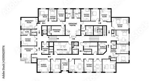 Hospital Emergency Floor Plan with Patient Rooms and Nurses' Stations on Isolated White Background, Medical Center Architectural Layout