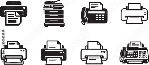 Printer outline icon set with print and fax symbols isolated on white for web, app and UI design.
