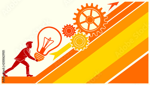 Illustration of a person pushing a glowing light bulb up a slope with gears and an arrow.