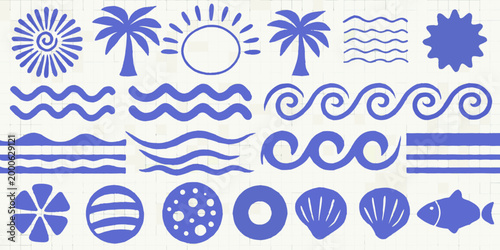 blue ocean themed icons set with waves shells fish and palm trees high quality professional