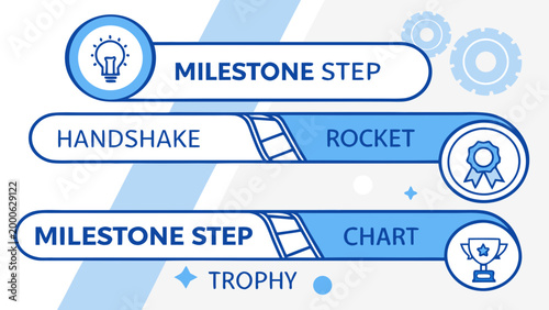 Illustration of milestone achievements with handshake, rocket, trophy, and chart icons.
