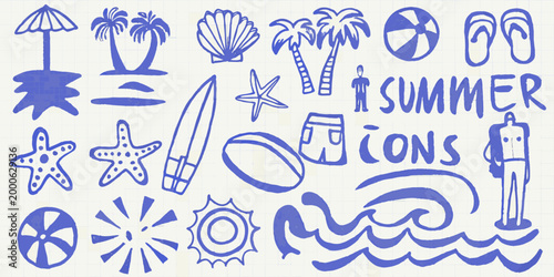 sketch style summer icons set on light grid background high quality professional detailed modern elegant