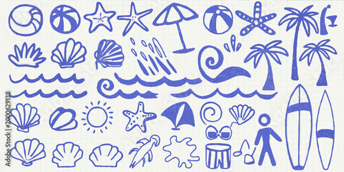 sketch style summer icons set on grid background high quality professional detailed modern elegant stylish
