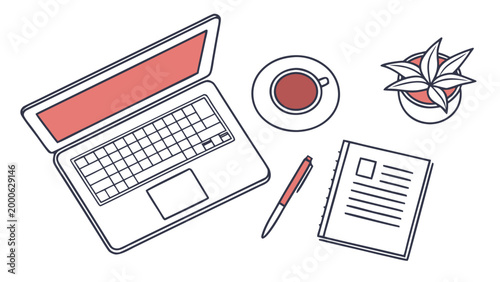 Illustration of workspace with laptop, notebook, pen, coffee, and plant on a white surface.
