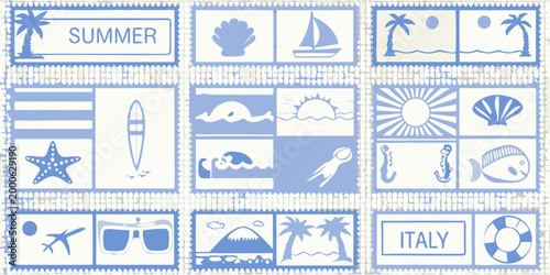 summer themed stamp illustrations in blue and white high quality professional detailed modern elegant stylish