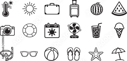 Travel summer icon set with beach vacation symbols in clean outline vector style for web and app.