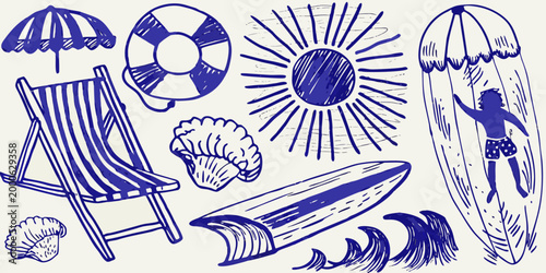 hand drawn beach elements including umbrella surfboard lifebuoy and shells high quality professional detailed modern