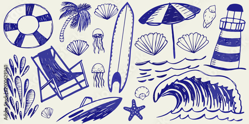 hand drawn beach elements collection in blue ink style high quality professional detailed modern elegant