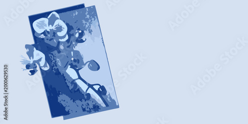 botanical illustration of orchid flowers in monochromatic blue tones high quality professional detailed modern elegant