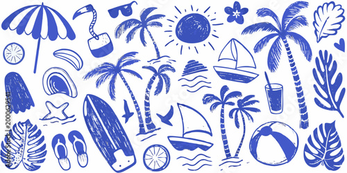beach icons collection in blue line art style on white background high quality professional detailed