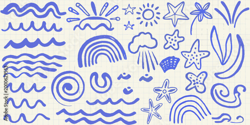 hand drawn ocean and summer icons in blue on grid paper high quality professional detailed