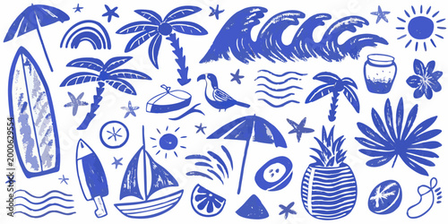 beach icons collection in blue line art style on white background high quality professional detailed