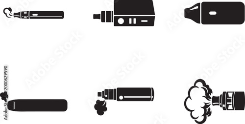 Vape icon set with electronic cigarette, atomizer and smoke symbols in solid outline vector style.