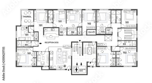 Detailed Multi-Unit Residential Building Floor Plan with Apartments and Common Areas on Isolated White Background, Architectural Layout Blueprint