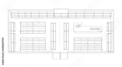 Simple Retail Store Floor Plan with Empty Shelves and Cashier Area on Isolated White Background, Commercial Shop Layout Blueprint