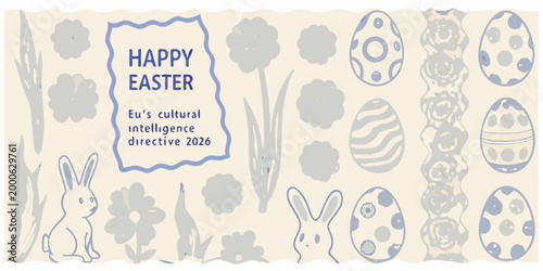 happy easter greeting card with rabbits eggs flowers in blue cream line art high quality