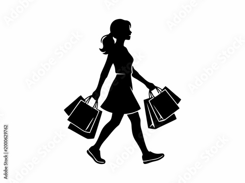 Happy woman walking and carrying shopping bags vector silhouette