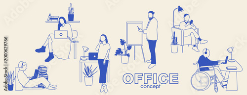 Office concept. Different people work together. Modern cartoon design.