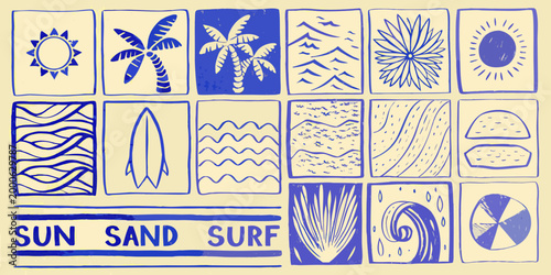 line art collection of beach elements in blue and beige high quality professional detailed modern