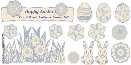easter themed line art collection with rabbits eggs flowers and banner high quality professional detailed