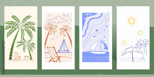 four minimalist summer themed cards with palm trees beach chair sailboat and sun high quality
