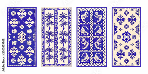 four ornate blue and white patterned tiles with floral and palm designs high quality professional