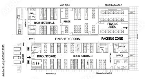 Large Black and White Warehouse Floor Plan with Raw Materials, Finished Goods, Picking Area, and Bulk Storage Zones on Isolated White Background