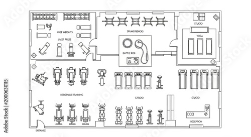 Detailed Black and White Gym Floor Plan with Free Weights, Cardio, Yoga Studio, and Reception Zones on Isolated White Background