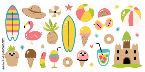 collection of cute flat vector summer icons on white background