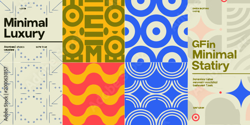 grid of colorful geometric patterns with minimalist luxury text high quality professional detailed modern elegant