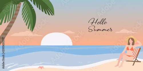 woman relaxing on beach chair at sunset with palm tree and ocean high quality professional