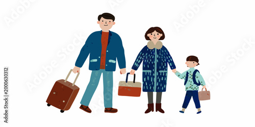 family traveling together with luggage in colorful coats high quality professional detailed modern elegant stylish
