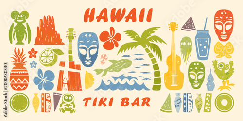 hawaiian tiki bar elements collage colorful vector illustration high quality professional detailed modern elegant stylish