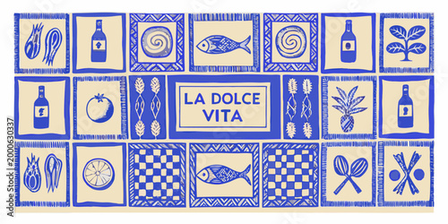 illustration of italian culinary elements with blue and beige tiles high quality professional detailed modern