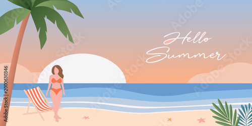 woman in bikini standing on beach with palm tree and sunset high quality professional detailed