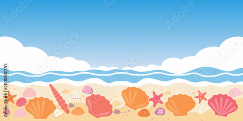 beach scene with colorful shells and starfish under blue sky high quality professional detailed modern