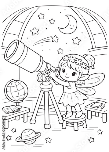 coloring book page fairy stargazing with a large telescope in a magical dome room