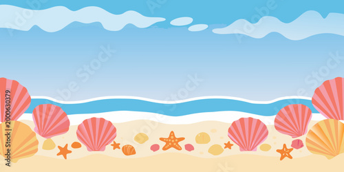 beach scene with colorful shells and starfish under blue sky high quality professional detailed modern