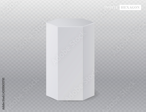 White realistic hexagon shape podium or stand. 3d vector template design. Mockuo hexagon 
