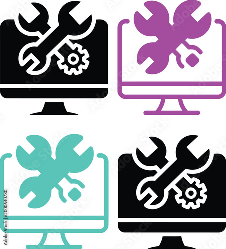 Four computer monitors with maintenance and software development icons