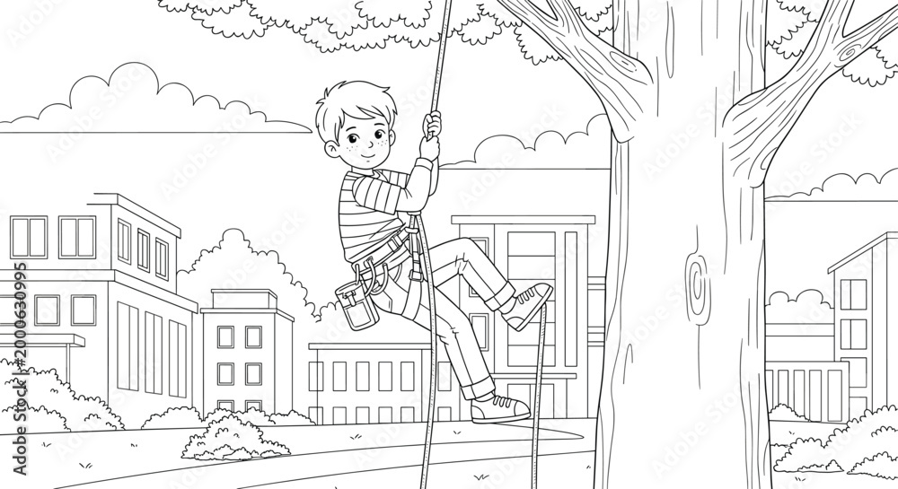 Fototapeta premium Cartoon Silhouette of Young Person Climbing Rope Attached to Large Tree in Outdoor Urban Park Adventure Illustration