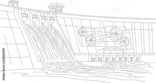 Illustrative schematic of a large hydroelectric dam structure with cascading water and visible internal mechanisms for power generation