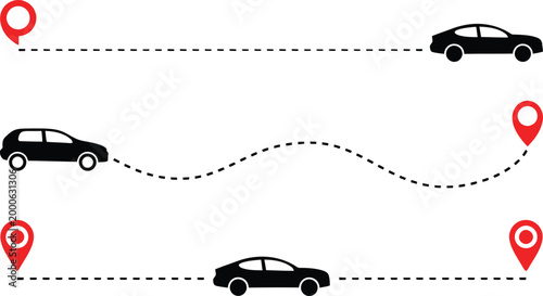 Cars on dotted lines showing routes on transparent checkered background.