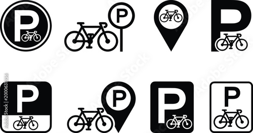 Collection of bicycle parking signs and symbols various designs isolated on transparency.
