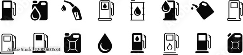 Collection of fuel and gasoline icons including canisters gas pumps and fuel drops.