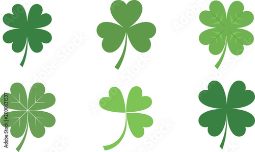 Foto Set of six green four leaf clover icons in different styles isolated on white ba