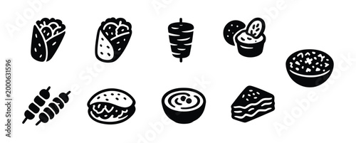 Collection of Middle Eastern food icons in silhouette including shawarma, kebab, falafel, and hummus.
