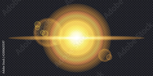 Bright sun lens flare and golden optical light effect. Vector illustration of a warm glowing sunburst with circular bokeh and horizontal light streak on transparent background for summer and morning.