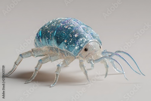 Intricate dust mite anatomy in a detailed 3D rendered illustration with depth and iridescent highlights